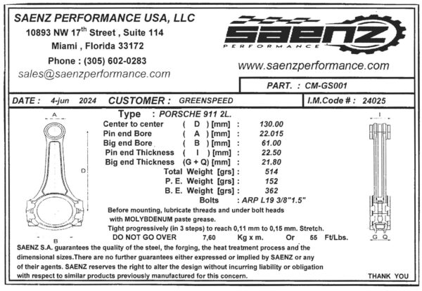 porsche 2.0l 130mm connecting rod set of 6
