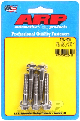"1/4""-28 x 1.500 hex SS bolts" (5pcs)