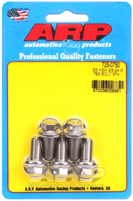 "3/8""-24 x  .750 hex 7/16 wrenching SS bolts" (5pcs)