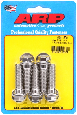 "7/16""-14 X 1.500 hex 1/2 wrenching SS bolts" (5pcs)